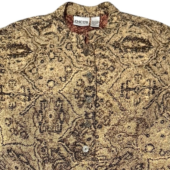 Chico's Med/1 Tapestry Long Jacket Button Front Mandarin Collar Unlined - Picture 8 of 9